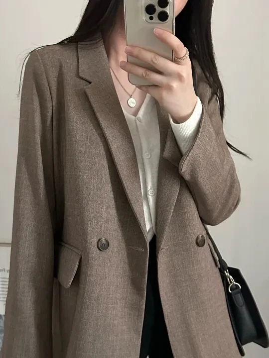 Chique casual solto terno feminino jaet outono inverno novo sle coreano sle longo sve duplo breasted simples gola clássica