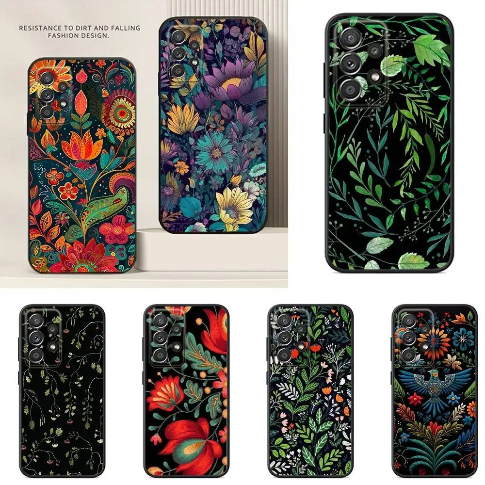 

S24 Plus Leaves Plant Flower Phone Case For Samsung S24,23,22,21,20,10,10E,S9 Plus FE Note 20 Ultra 10,9 Plus Black Case