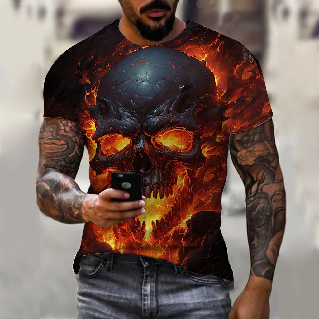 Vintage T Shirts For Men Horror Undead Skull Pattern 3D Printed Short Sleeve Oversized T-shirt Fashion Casual Men\'s Clothing Top