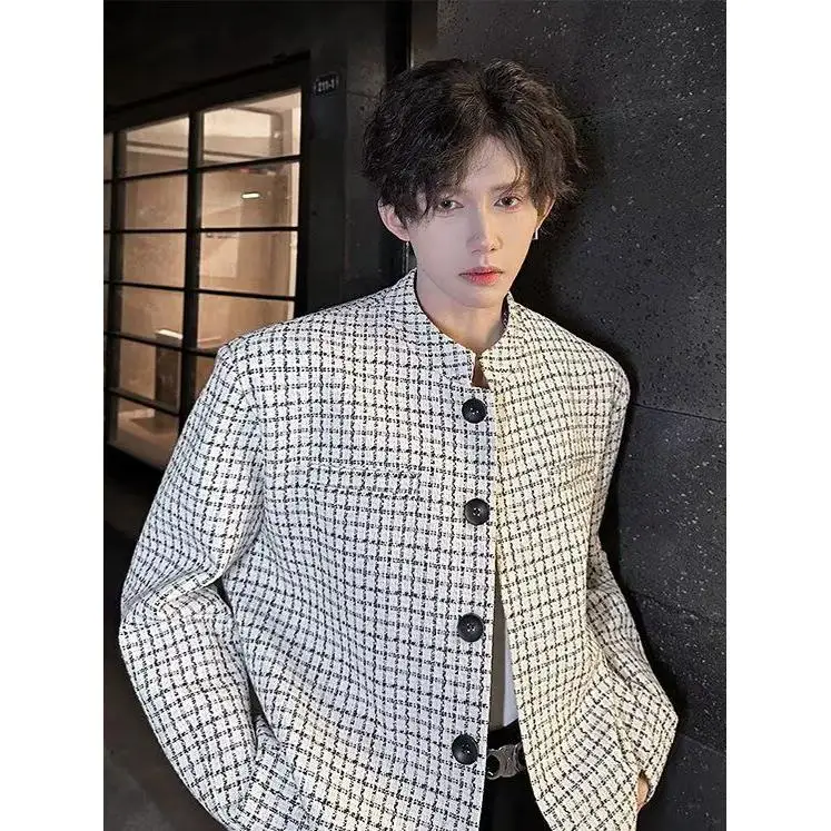 

ort Plaid Jaet Men's Spring Autumn High Sense Cool Flight Jaet New Chinese Sle Western Suit Top Pad oulder M Model