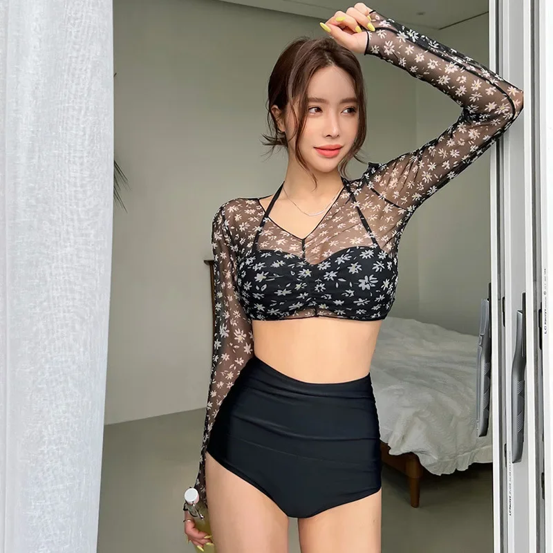 

Сексуальный черный корейский бикини с высокой талией, комплект из 3 купальников с длинными рукавами, бандо, пляжный купальник, женский купальный костюм 2025 года