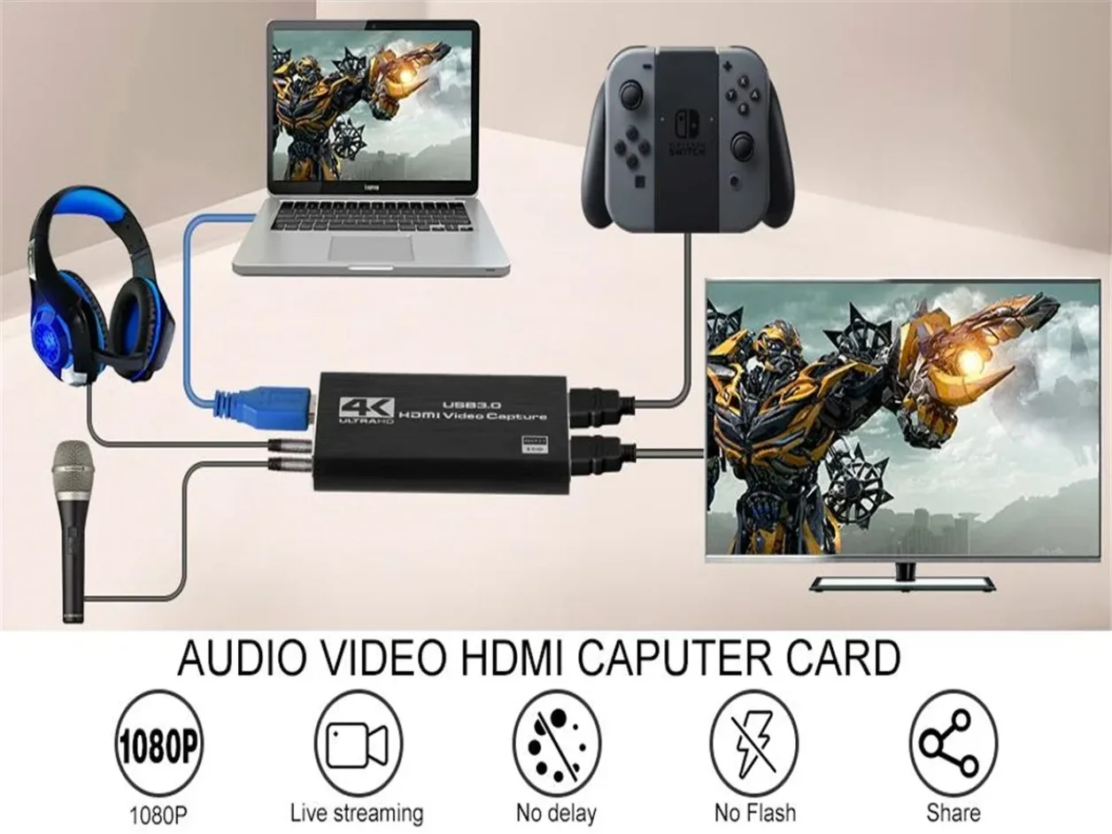 Tarjeta de captura de vídeo Full HD 4K 1080p 60fps caja de grabación de cámara HDTV Compatible con USB 3,0 PC grabador de transmisión en vivo