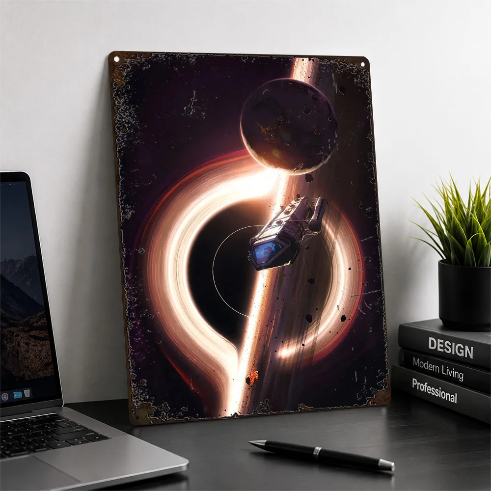 Spaceship Near Glowing Black Hole Printed Poster Sci Fi Wall Art For Study Personalized Aluminum Metal Sign Science Fan Gift