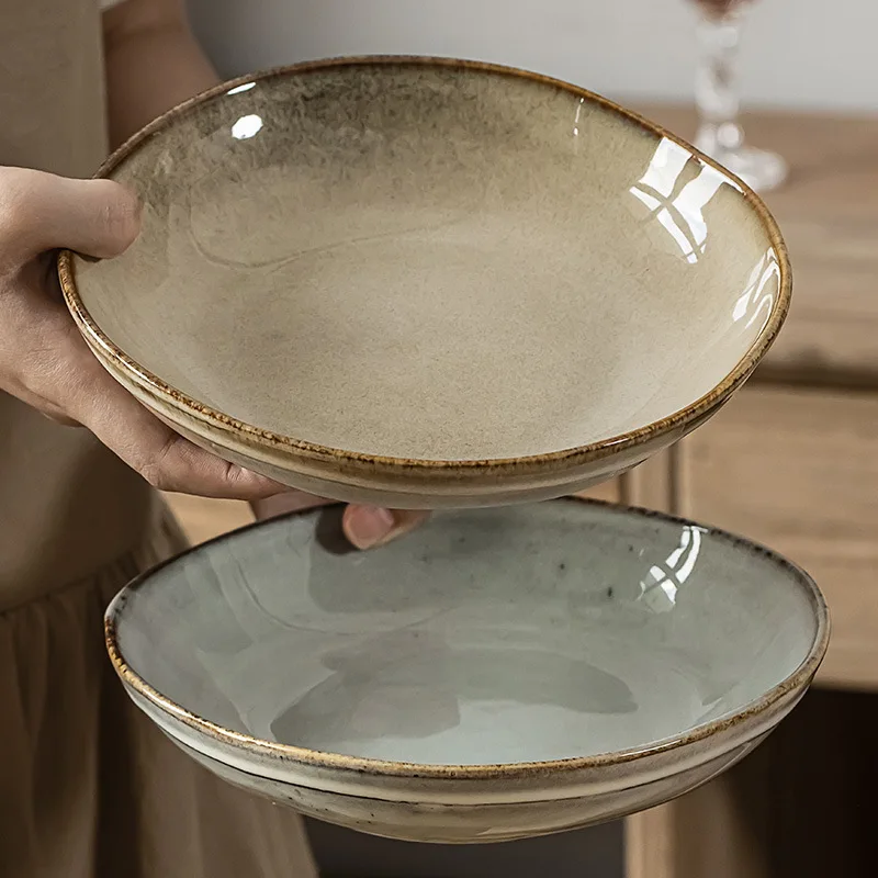 

New Japanese Style Retro round Salad Noodle Bowl High Aesthetic Soup Bowl Dining Set Ceramic High Quality Stainless Steel