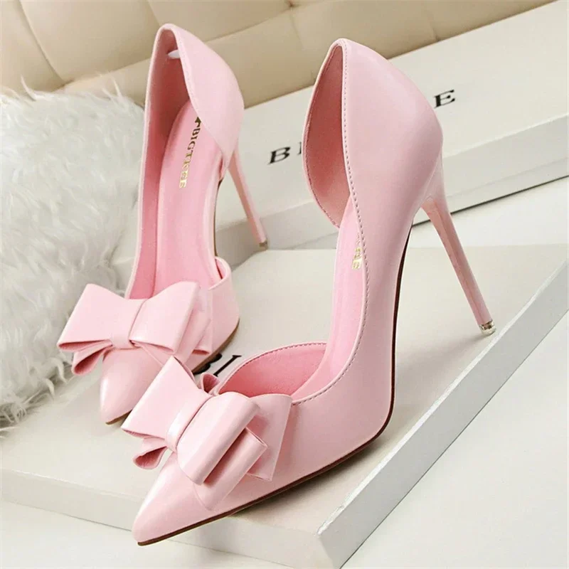 Spring Party Elegant Pink Butterfly-Knot High Heels Women Fashion Wedding Dress Pumps Side Hollowed Stiletto Shoes