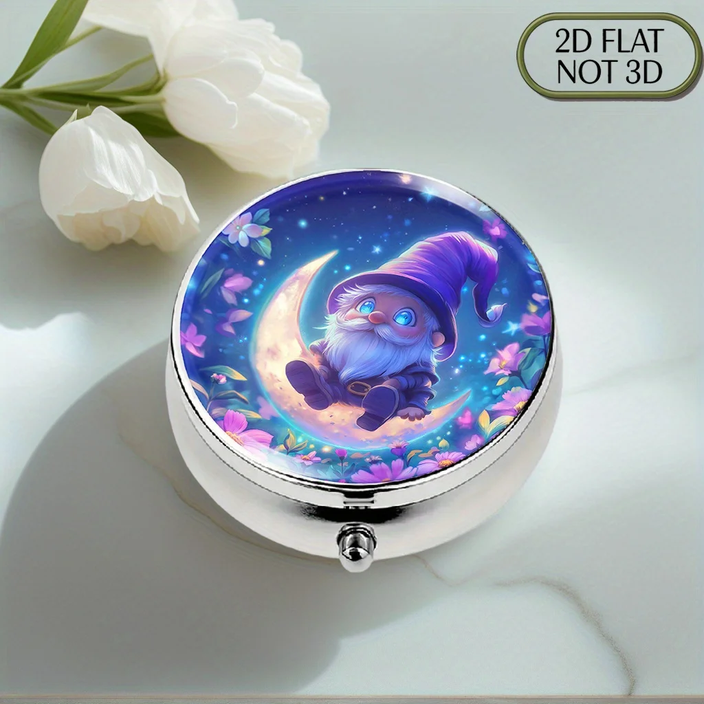 1pc flat portable round metal pill box, featuring a cute design with dwarves, moon, flowers, and stars surrounding it, perfect for organizing daily medication, vitamins, or as a versatile small accessory or a small storage space.