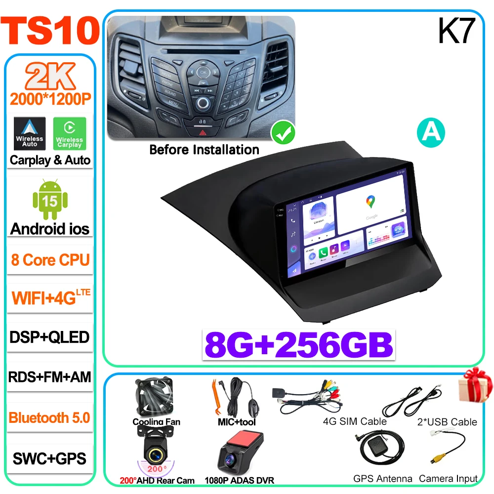 Auto radio Carplay Android 16 voor Ford Fiesta Mk 6 2009 2010 2011 2012 2013 2014 -2018 Radio Multimedia Videospeler Scherm GPS