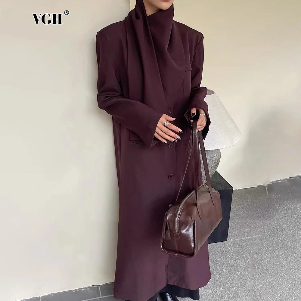 

VGH Elegant Loose Design Sense Chic Coats For Women Round Neck Long Sleeve Spliced Single Breasted Loose Length Trench Femlae