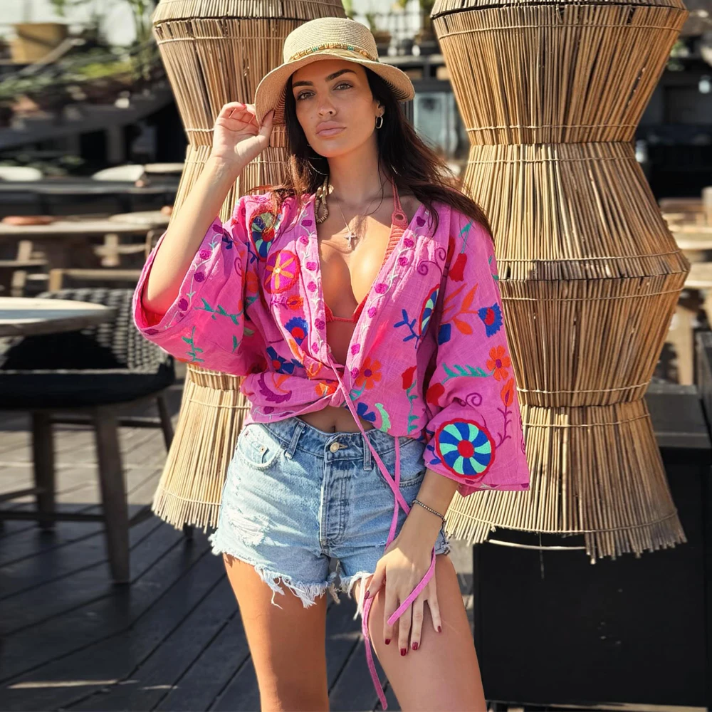 Holiday Floral Embroidery Jacket For Women Cardigan Casual Cotton Linen Loose Flare Long Sleeve Autumn Spring Boho Beach Jackets