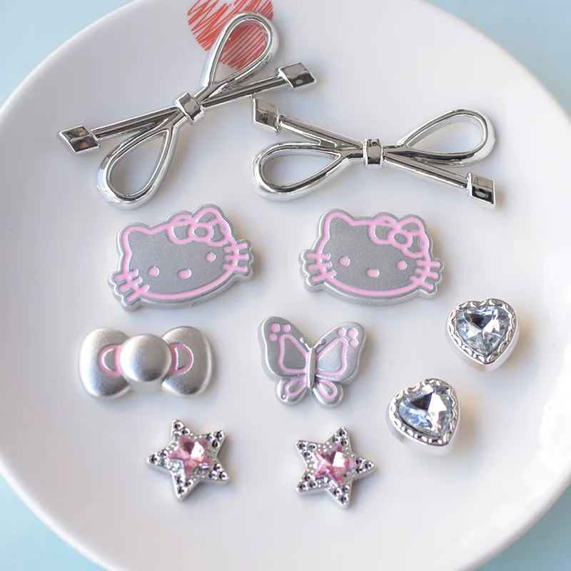 10Pcs Silvery Girls Women Bow Cartoon Shoe Charms DIY Hole Shoes Detachable Buckle Slides Sandals Garden Shoes Accessories Gift