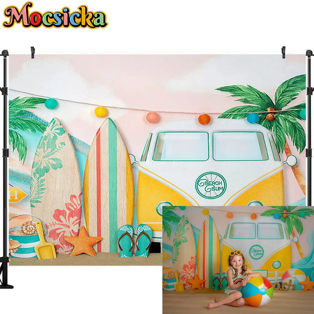핑크 해변 서핑샵 배경, 여름 공주 생일 파티 사진 스튜디오 소품, 소녀 케이크 스매시 배경