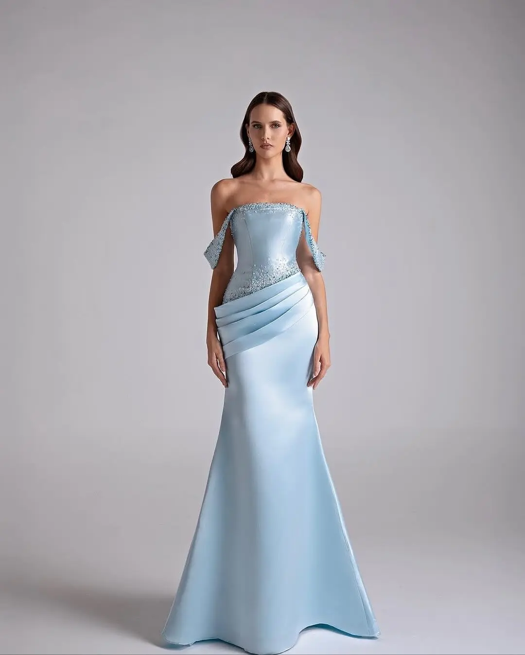 

Hot Sale Elegant Luxury Glittering Off Shoulder Mermaid Floor Length Dress Ruched Detail Satin Beaded Sequin Evening Prom Dress