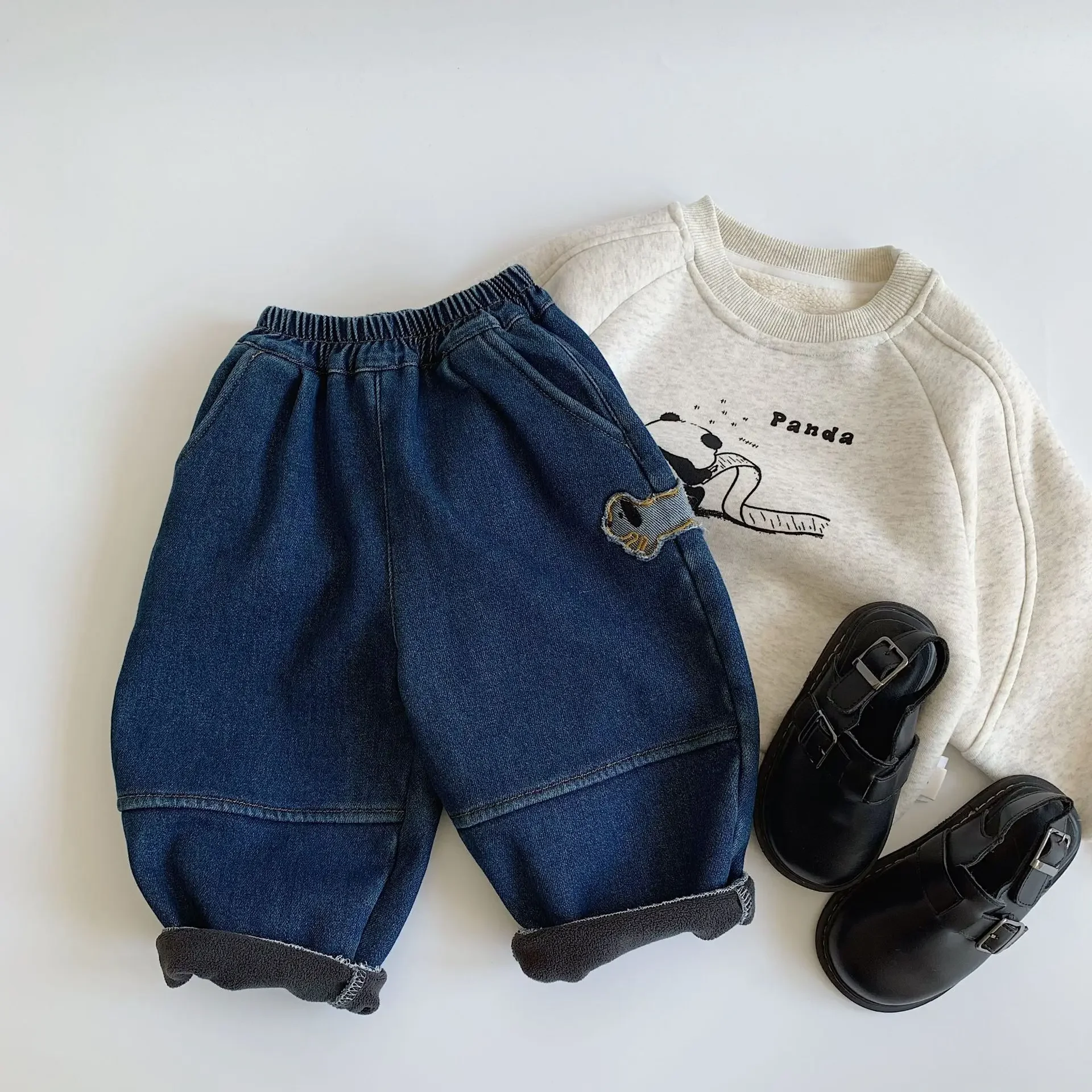 Children Clothing Kids Fashion Design Sense Jeans 2024 Winter New Boy Korean Style Simple All Match Thickening Casual Pants