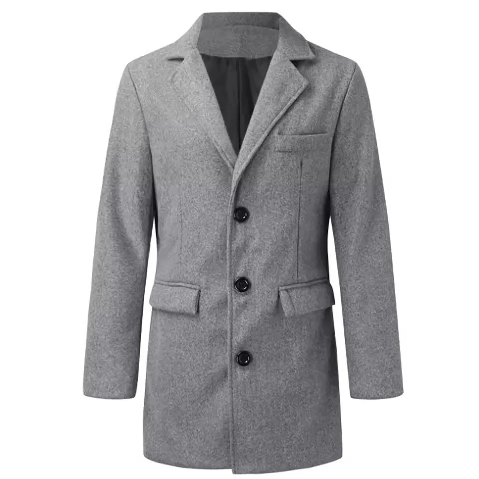 الخريف الشتاء الرجال أسود رمادي بلون بسيط الأساسية عادية العصرية واحدة الصدر بدوره إلى أسفل طوق الصوف معاطف الذكور الملابس #5