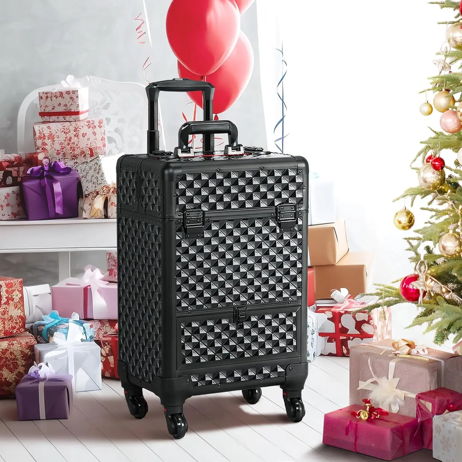 Rolling Makeup Train Case with Wheels, Lockable Travel Trolley, Sliding Drawers, Removable Divider in Black/Red