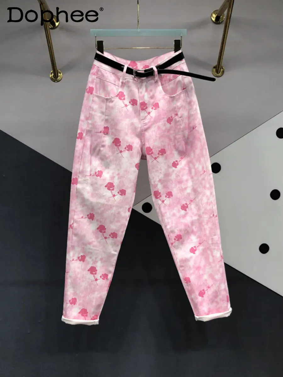 2023 Spring New Pink Flower Tie-Dyed Denim Trousers Women Sweet All-Match High Waist Slimming Harem Jeans Pants High Street