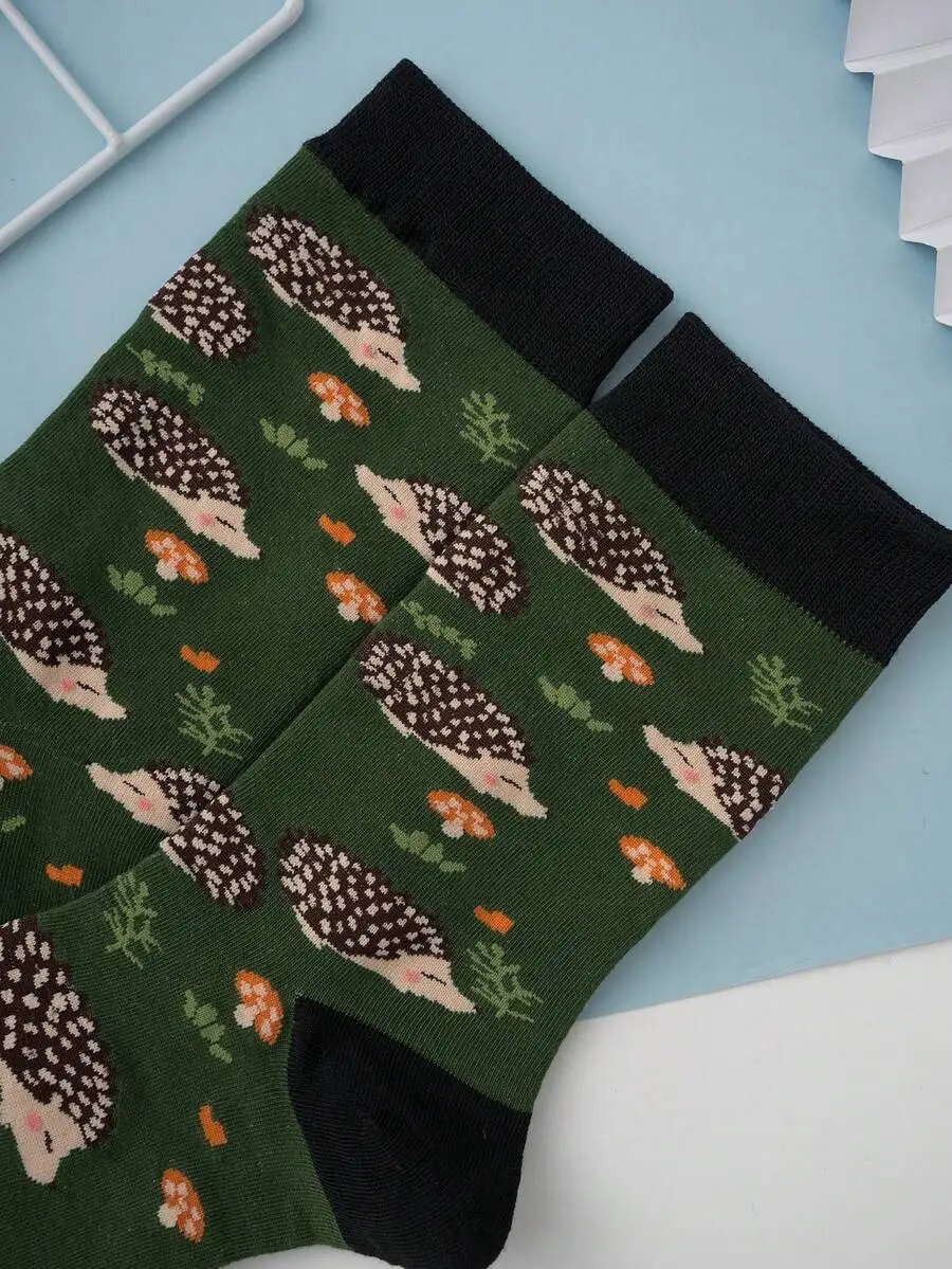 

Mens Cute Hedgehog Mushroom Pattern Mid-Calf Socks Cotton Blend Comfortable Breathable Daily Wear