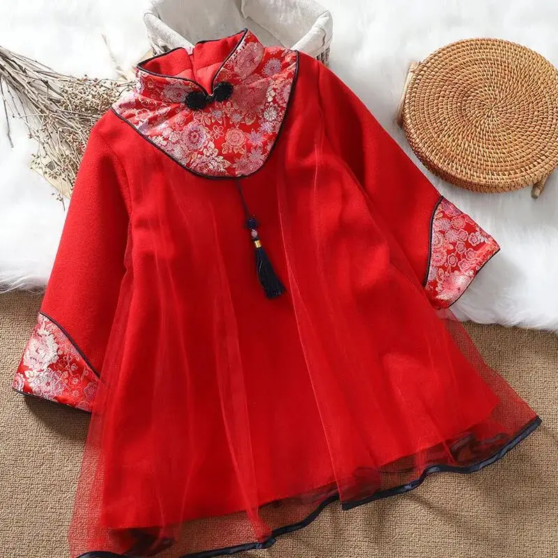 Girls' Cheongsam Dress Winter 2026 New Style Children's Woolen Tang Style National Style Red New Year's Dress