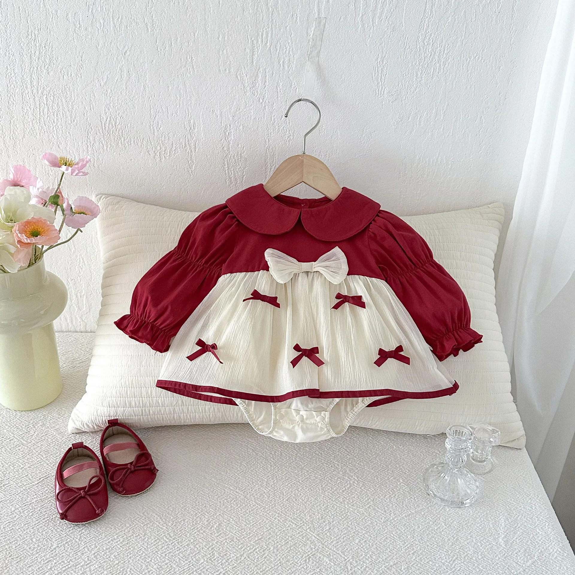 3M-2T Spring Baby girl Clothes Red Bow Bodysuit for Newborns Cute Peter Pan Collar Lantern Sleeve Dress
