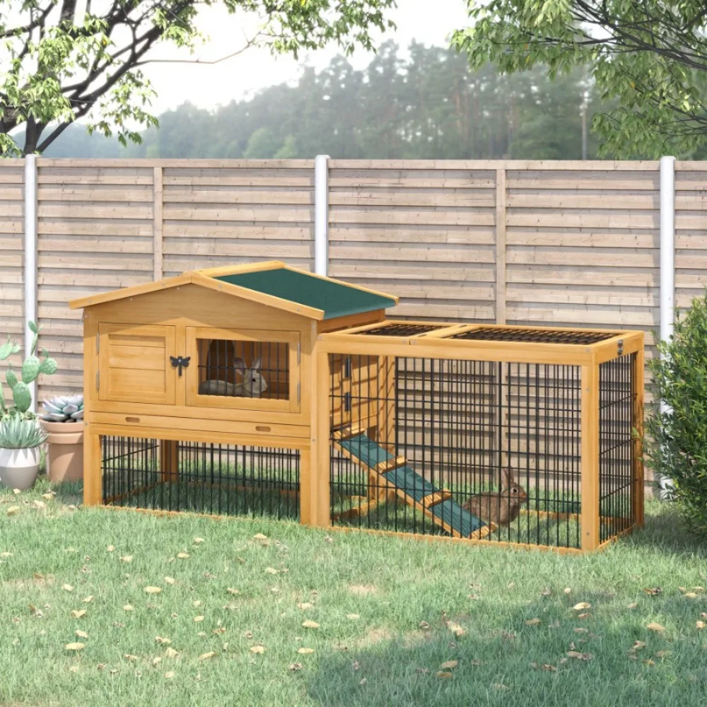 

Rabbit Hutch with 2 House Levels and Patio Space, Easy Clean