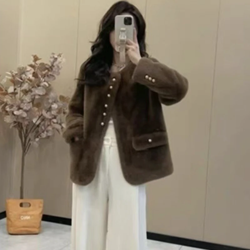 Chaqueta de piel sintética de un solo pecho con cuello redondo de alta calidad, abrigos de piel ecológicos de visón sintético suave de lujo, abrigo de visón para mujer