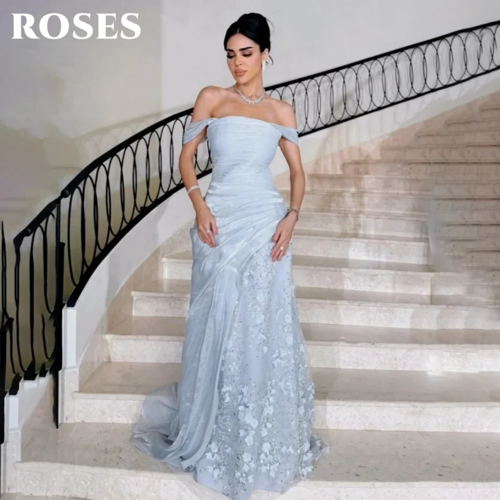 

ROSES Sky Blue Stain Trumpet Evening Dress Off the Shoulder Prom Dress with Appliques Party Formal Gown robe de bal Customized