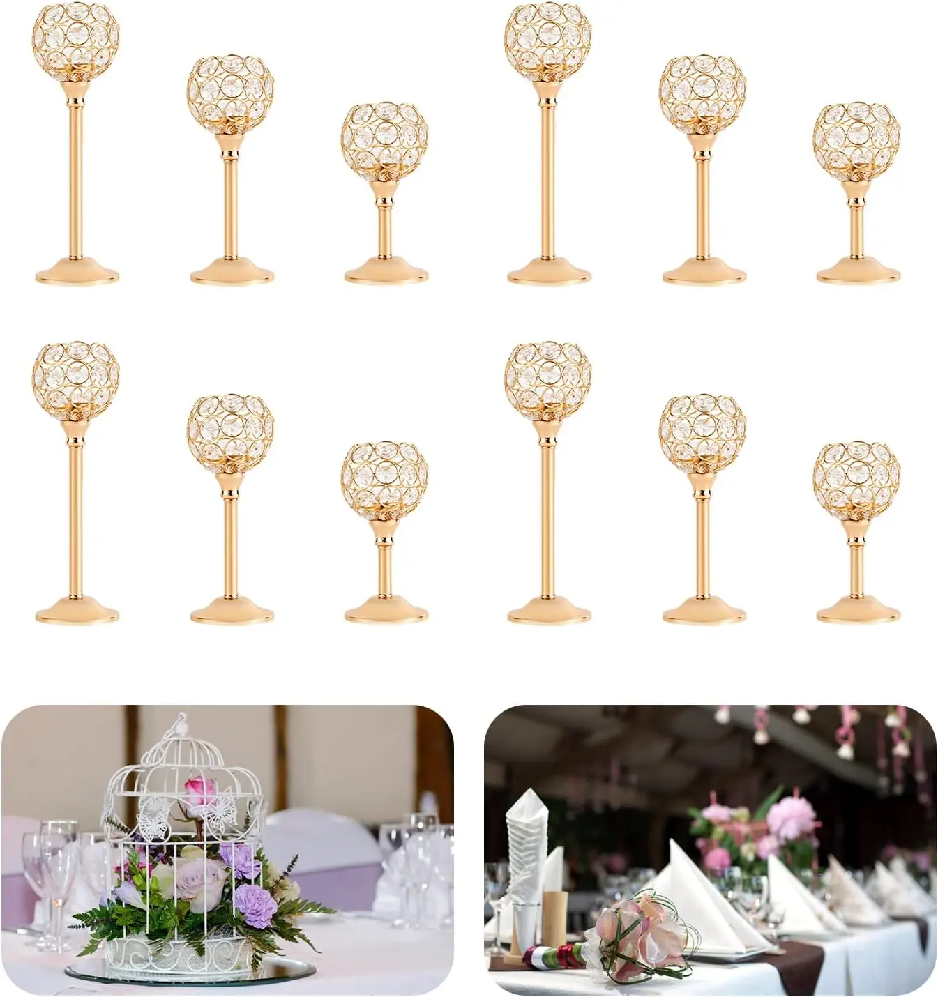 12 Pack Crystal Candle Holders Gold Candle Holders, Decorative Tealight Candle Holder for Garden, Patio, Bars, Christmas Table C