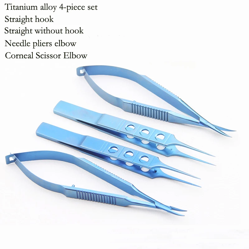 4-piece set of ophthalmic microscopy instruments, microscissors, needle holder, toothed platform forceps 11.5cm