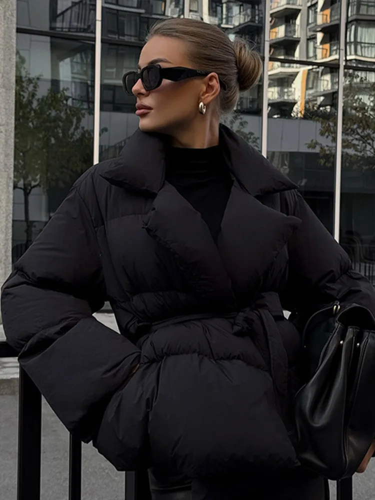 Casacos de algodão elegantes femininos lapela rendas até manga longa com bolso jaquetas curtas 2025 outono inverno engrossar quente senhora outerwears