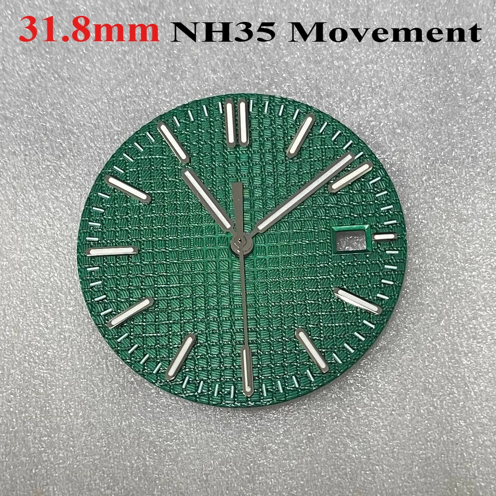31.8mm Watch Dial + Hands Green Luminous Watch Faces Replacement Accessories for NH35 Movement Rose Nail/Silver Nail