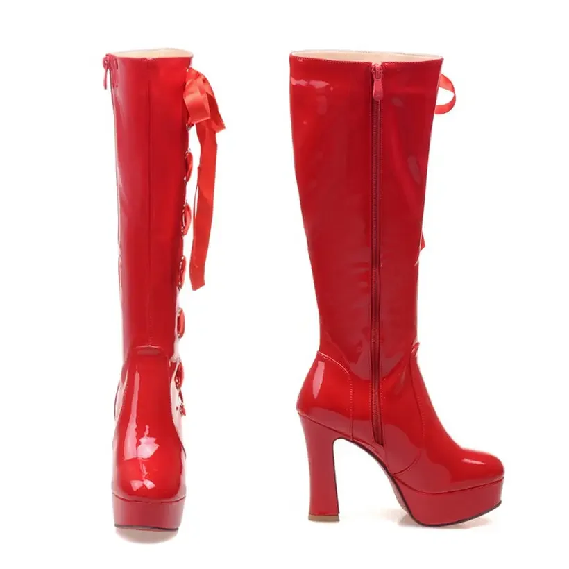 Winter Patent Leather Women Knee High Platform Boots 11cm Thick Chunky Heel Red Round Toe Riband Zipper Female Riding Long Boots