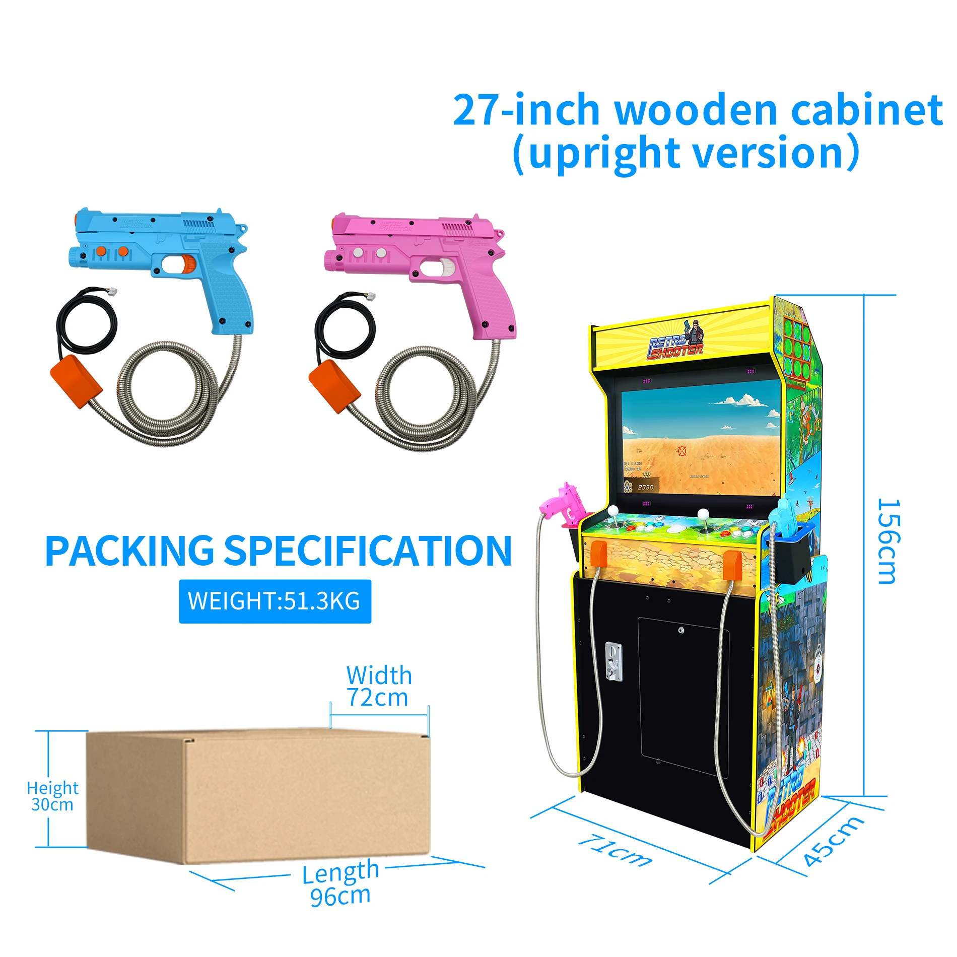 DIY 27" Upright Retro Shooter Arcade Cabinet Dual Light Gun Shooting Game Machine 5