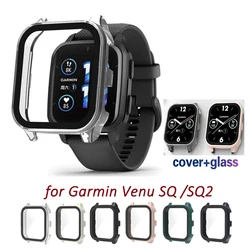 Hard PC Case Tempered Glass Screen Protector Protective Cover for Garmin Venu Sq 2 Music Sq2