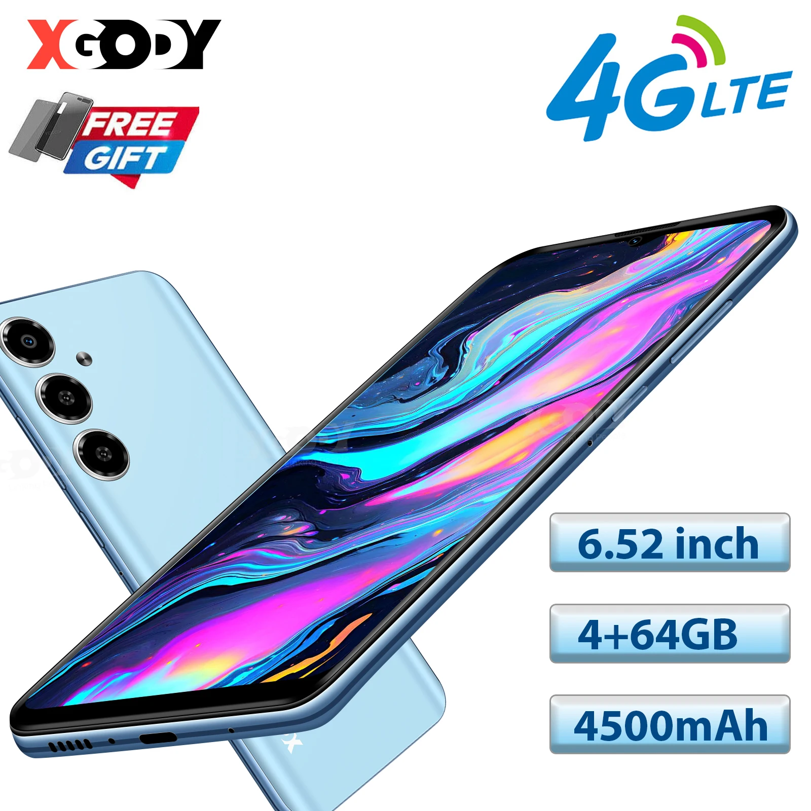 XGODY 4G Cell Phones V50,Smartphone Android,6.52 inch,4+64GB ROM,4500mAh,Mobile phones,8+15MP,Dual SIM Quad Core,Face Unlocked