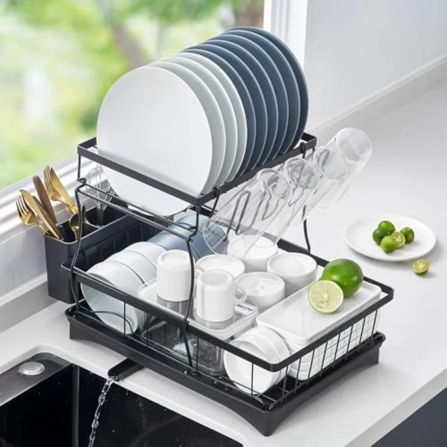 

Dish Drying Rack 2 Tier Dish Drainer with Removable Utensil Holder and Swivel Durable High Carbon Steel Material Larger Capacit