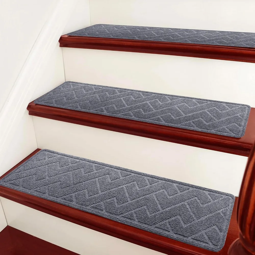 Pisos de escalera de madera para interiores, 30 pulgadas x 8 pulgadas (paquete de 15), peldaños de escaleras con alfombra antideslizante y adhesivo reutilizable AE (origen)