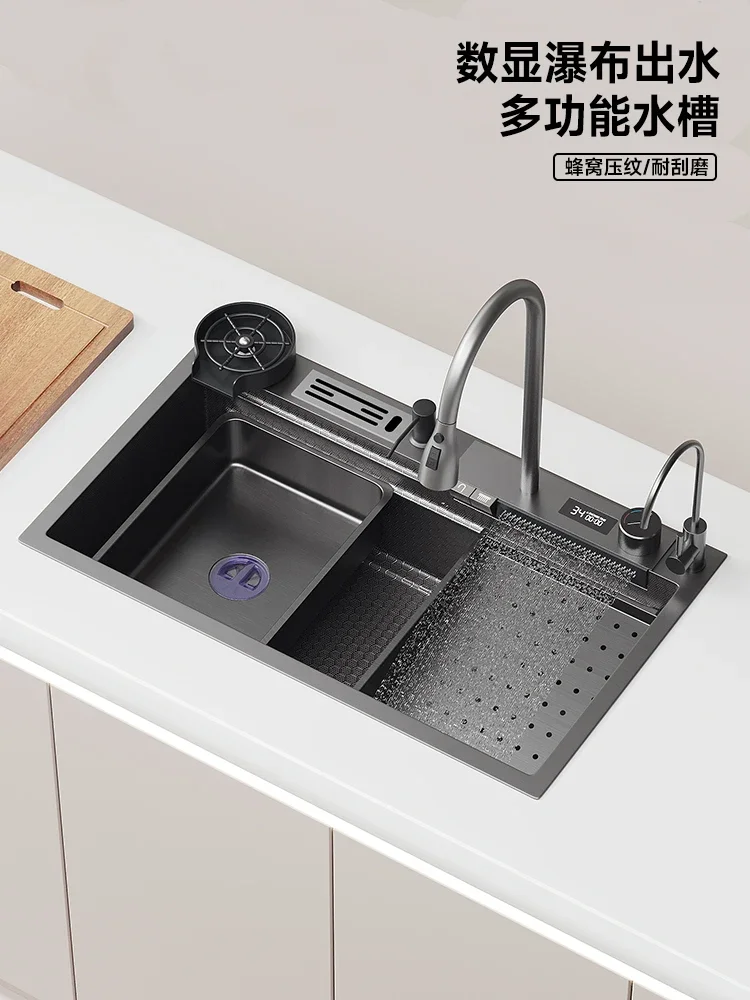 

Digital display Feiyu Waterfall large single slot sink 304 stainless steel dishwashing basin, household kitchen, under the table