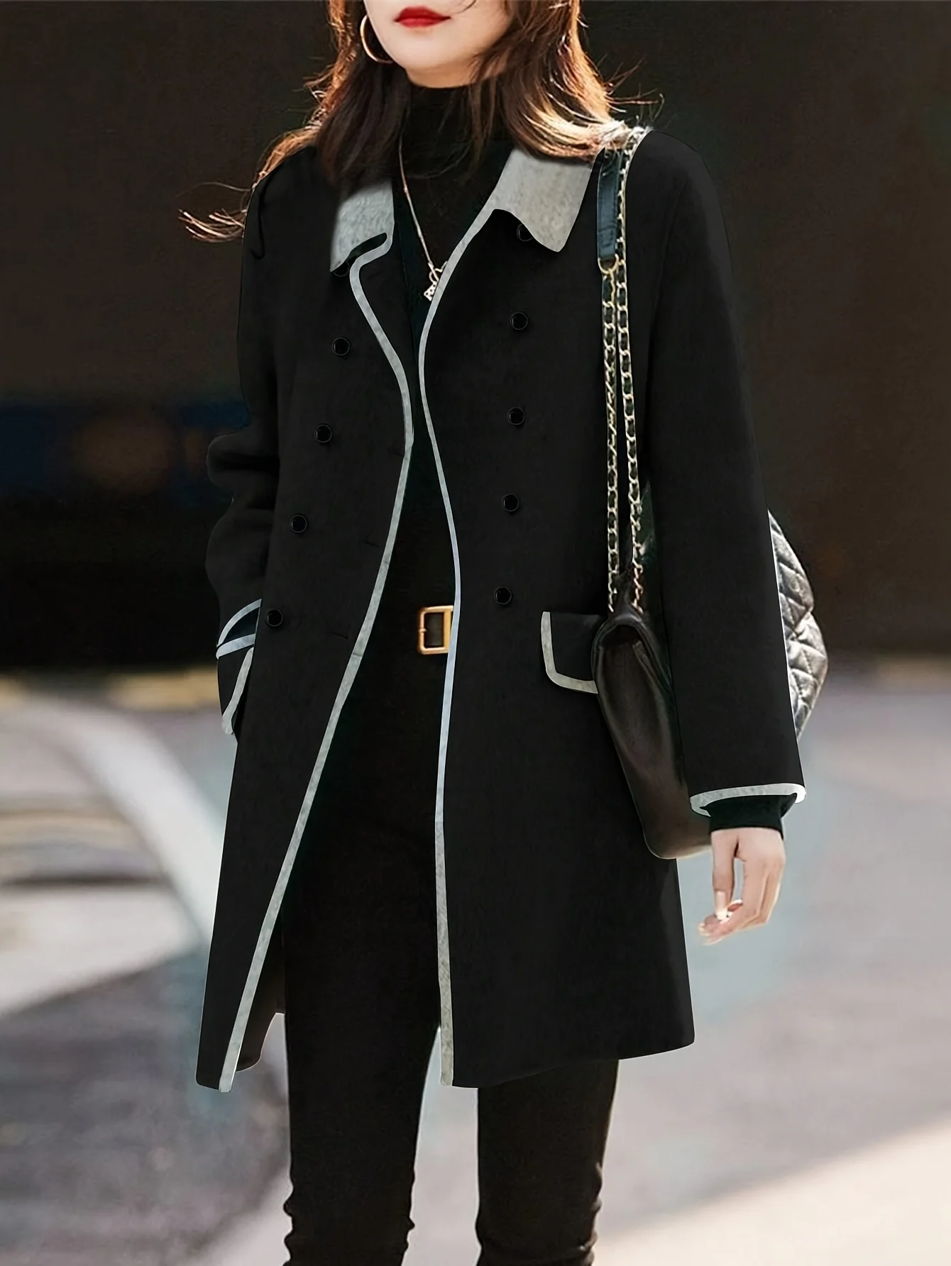 

New In Coats & Jackets Woman Clothing Autumn Winter Warm Button Woolen Coat for Women Color Contrast Elegant Lady Outerwear Coat