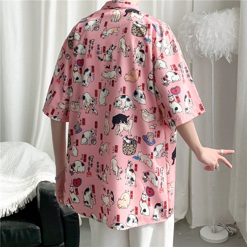 Summer Harajuku Cat Print Hawaiian Shirt Men Casual Loose Short Sleeve Vacation Beach Shirts Male All-Match Fashion Chemise