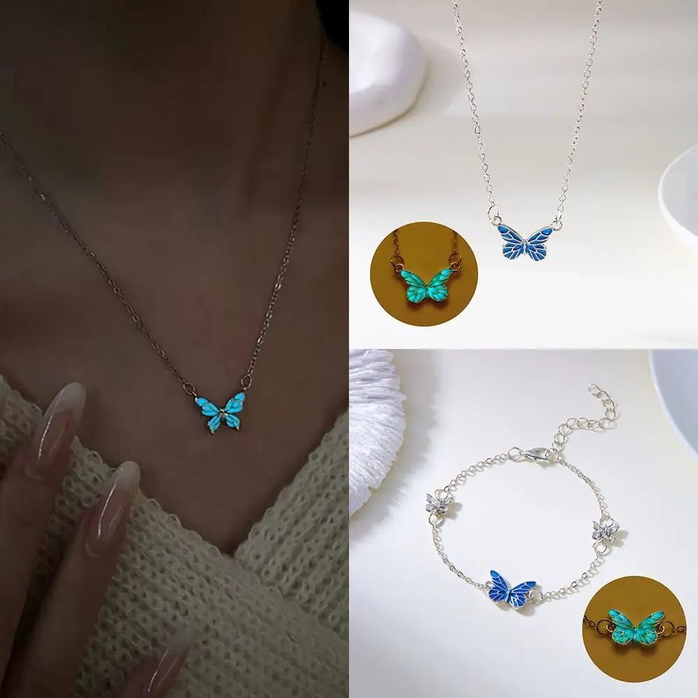 Luminous Design Luminous Butterfly Necklace Dreamy Blue Color Alloy Glow in Dark Pendant Lightweight Butterfly Shape