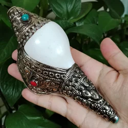 Handmade Nepal Silver Conch Shell Trumpet Indian Chank Tibetan Turquoise Coral Inlay Horn Trumpet Statue for Pooja Decorative