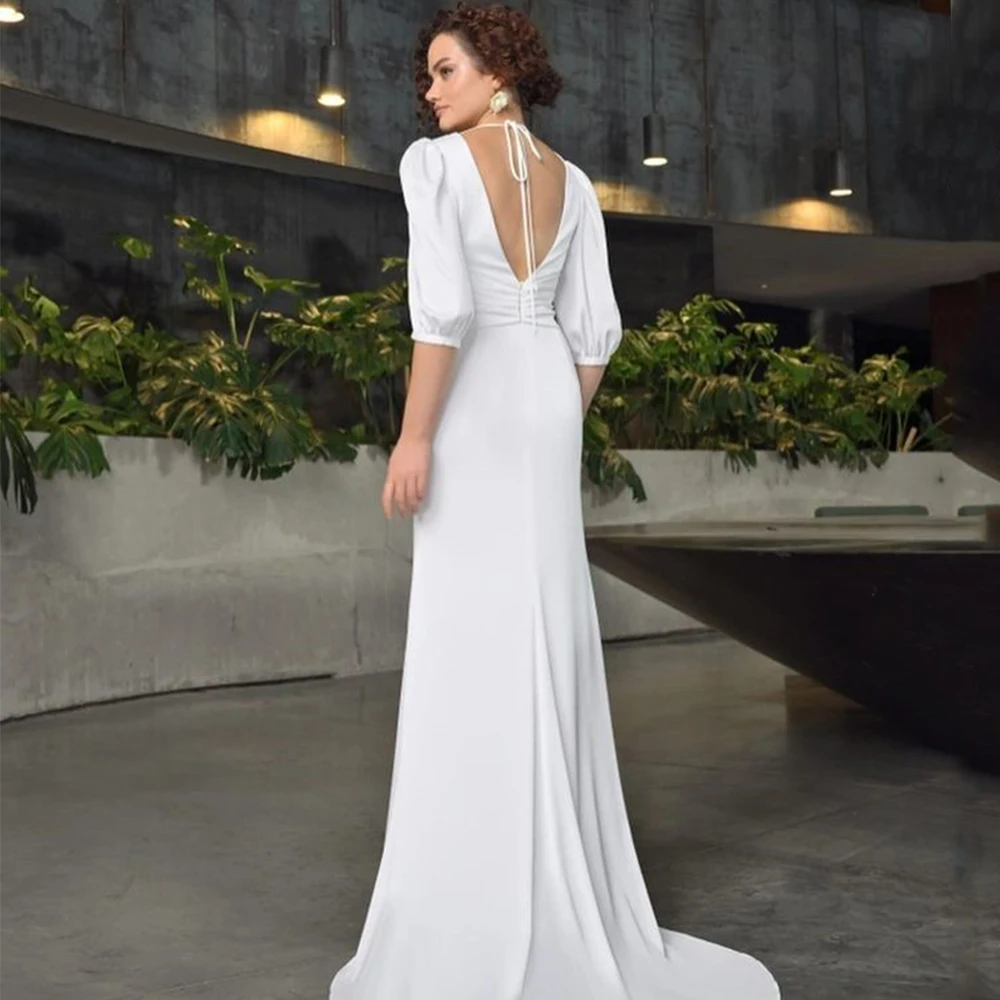 Sexy Front Slit Wedding Dress V-Neck Half Sleeves Sheath Floor Length Bridal Open Back with Zipper Customized Marriage Gowns