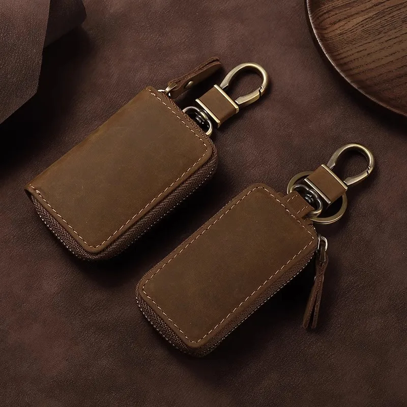 Leather Motor Vehicle European and American Retro Waist Hanging Male Head Layer Cowhide Car Key Bag Keychain