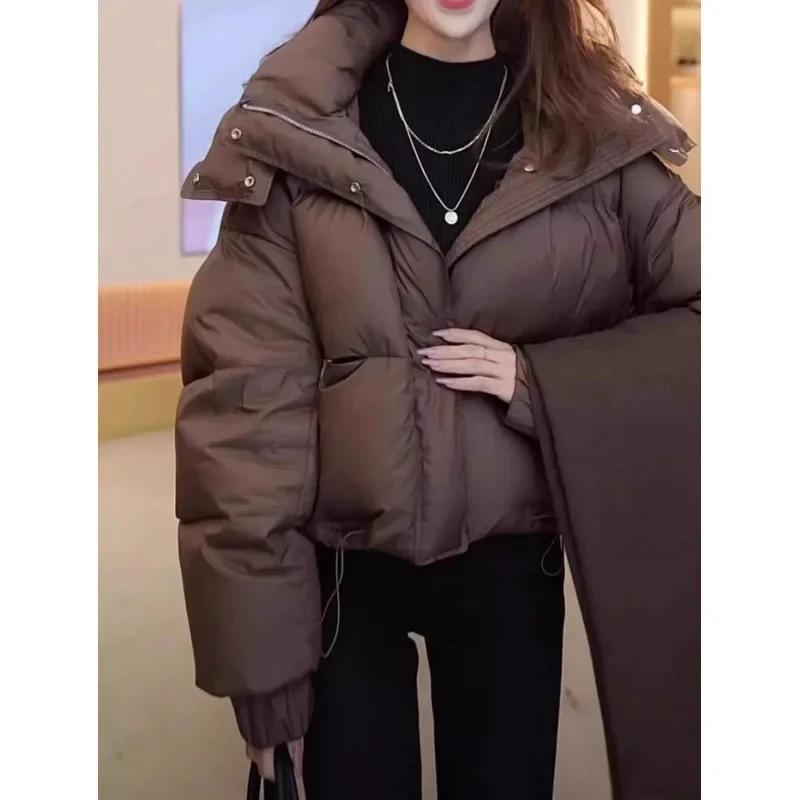 2025年秋冬の女性用高級綿入りジャケット、無地、フード付き、オーバーコート