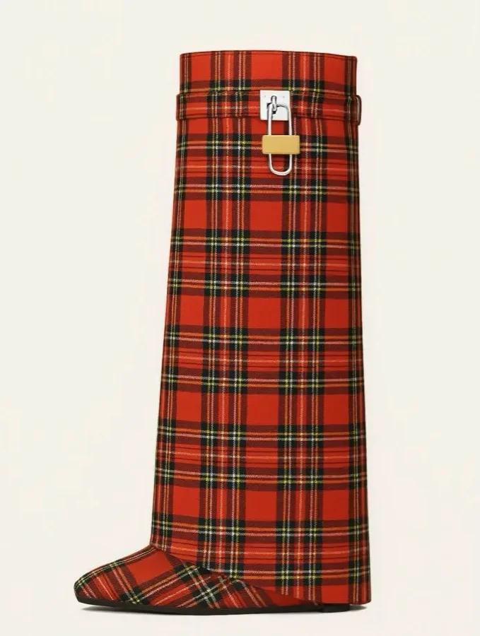 Women's Christmas red padlock shark boots sexy New Year plaid wedges pointy toe knee high boots luxury designer party shoes