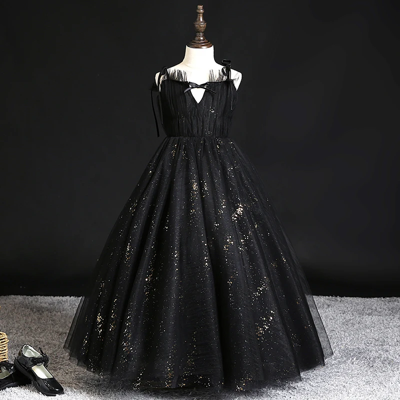 

Black Fashion Evening Dress Sequins Simple Empire Sleeveless V-Neck Floor-Length Ball Gown New Party Flower Girl Dresses B1854