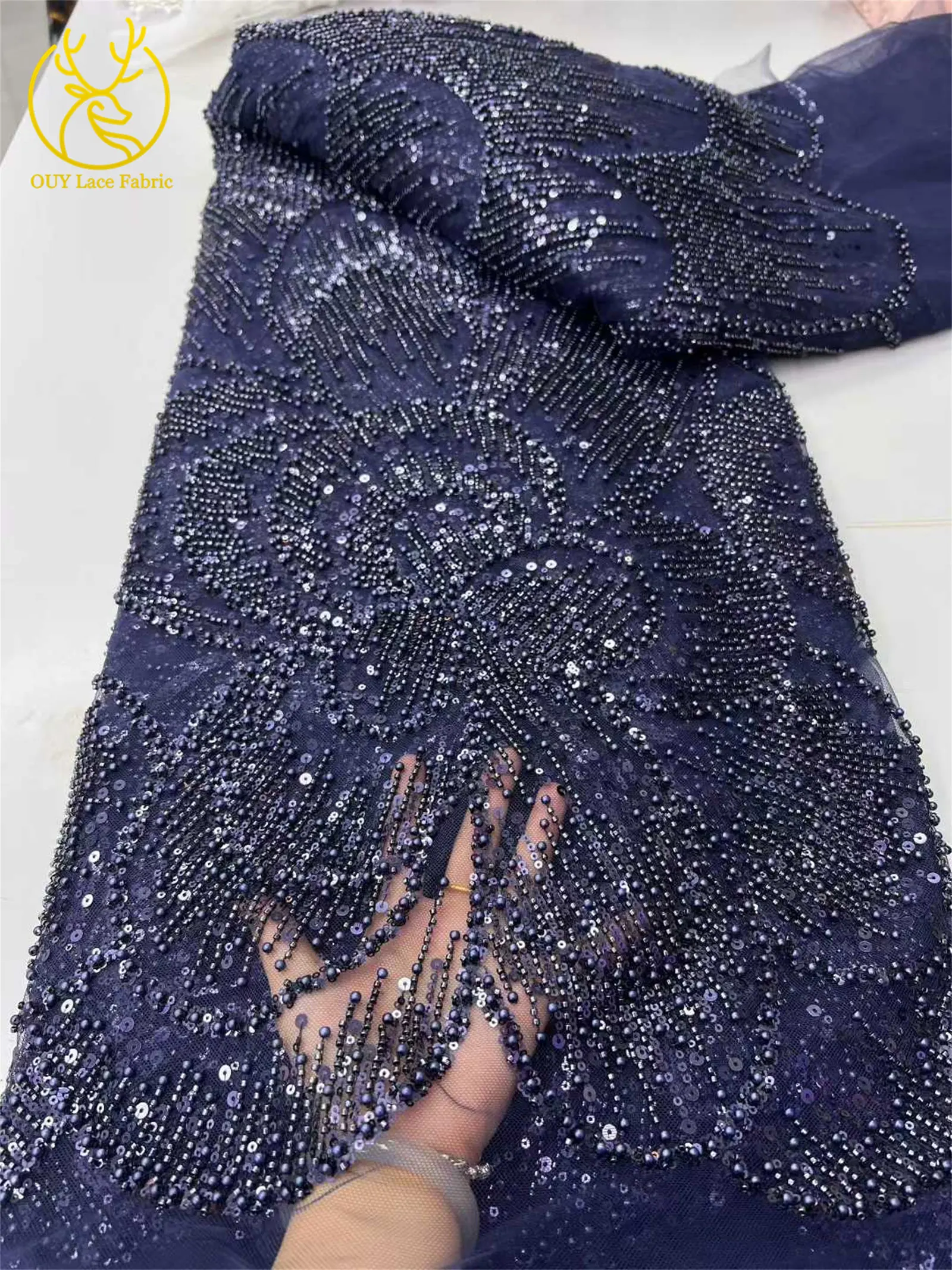 Marineblauer Luxus Hochwertiger Bestickter Perlen-Pailletten-Spitzenstoff Modischer Französischer Tüll-Netzstoff für Party und Hochzeit – Detail 11