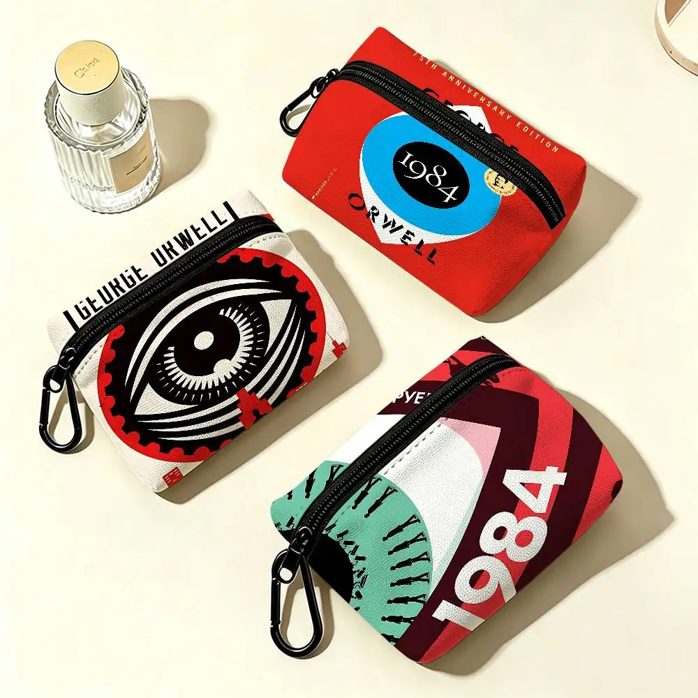 1984 George Orwell Mini Oxford Cloth Coin Purse With Carabiner Hook Portable Key Card Wallet Small Zipper Storage Pouch