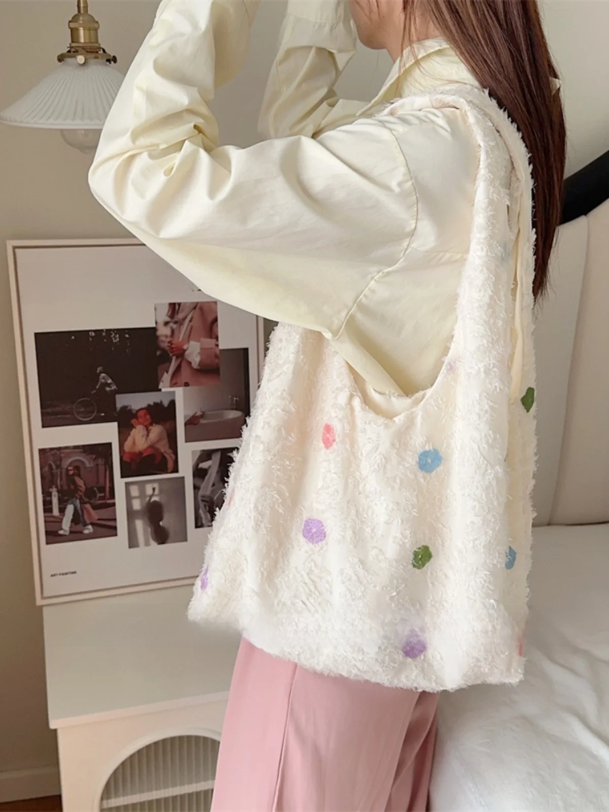 

Korean Sle Large Capaci op Lace Flower Underarm Bag Single oulder Bag Daily Use Soft Cotton Floral Pattern