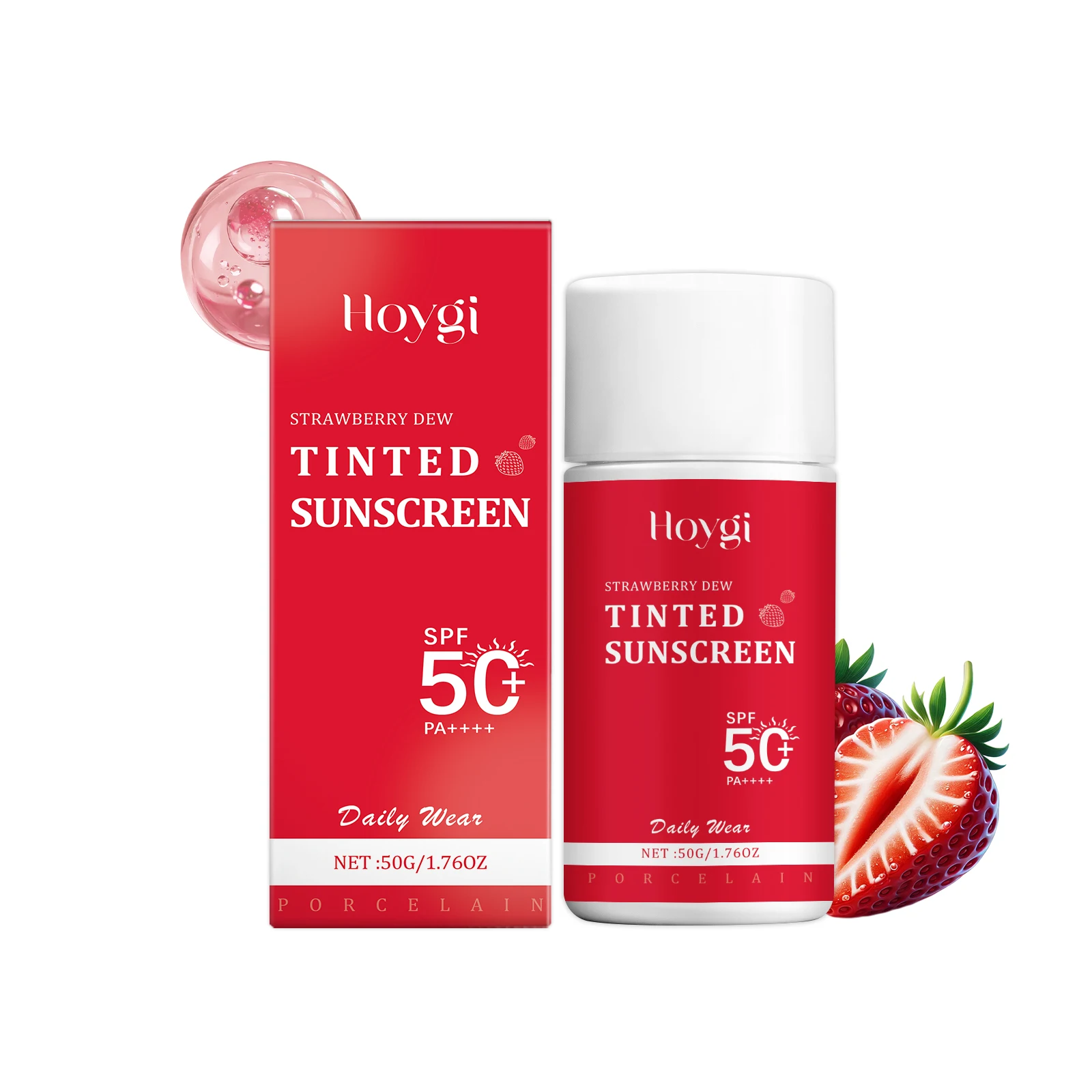 Hoygi Strawberry Dew Tinted Sunscreen SPF 50 Daily Wear Face Moisturizer, Lightweight Non Greasy, Sheer Glow Makeup,.